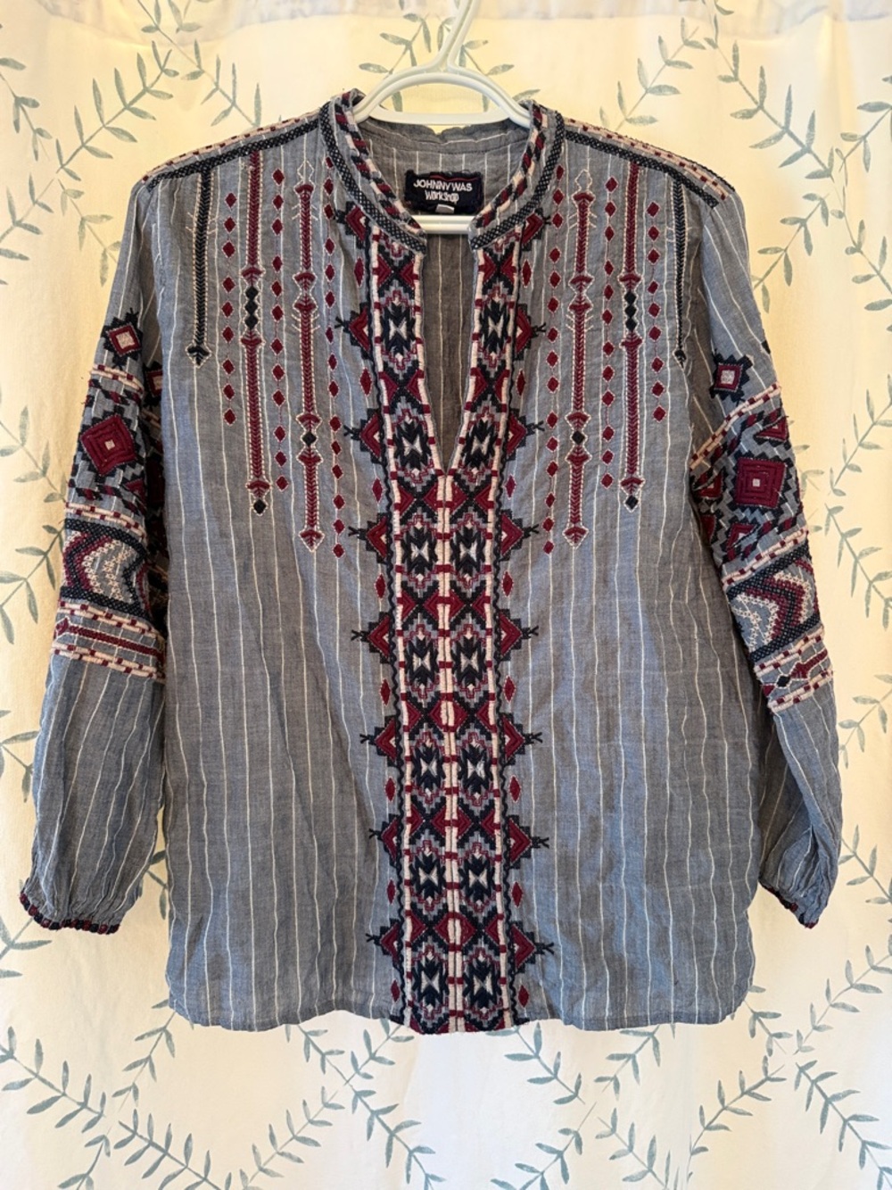 Johnny Was Striped Embroidered Peasant Blouse in gray/ blue and Burgundy